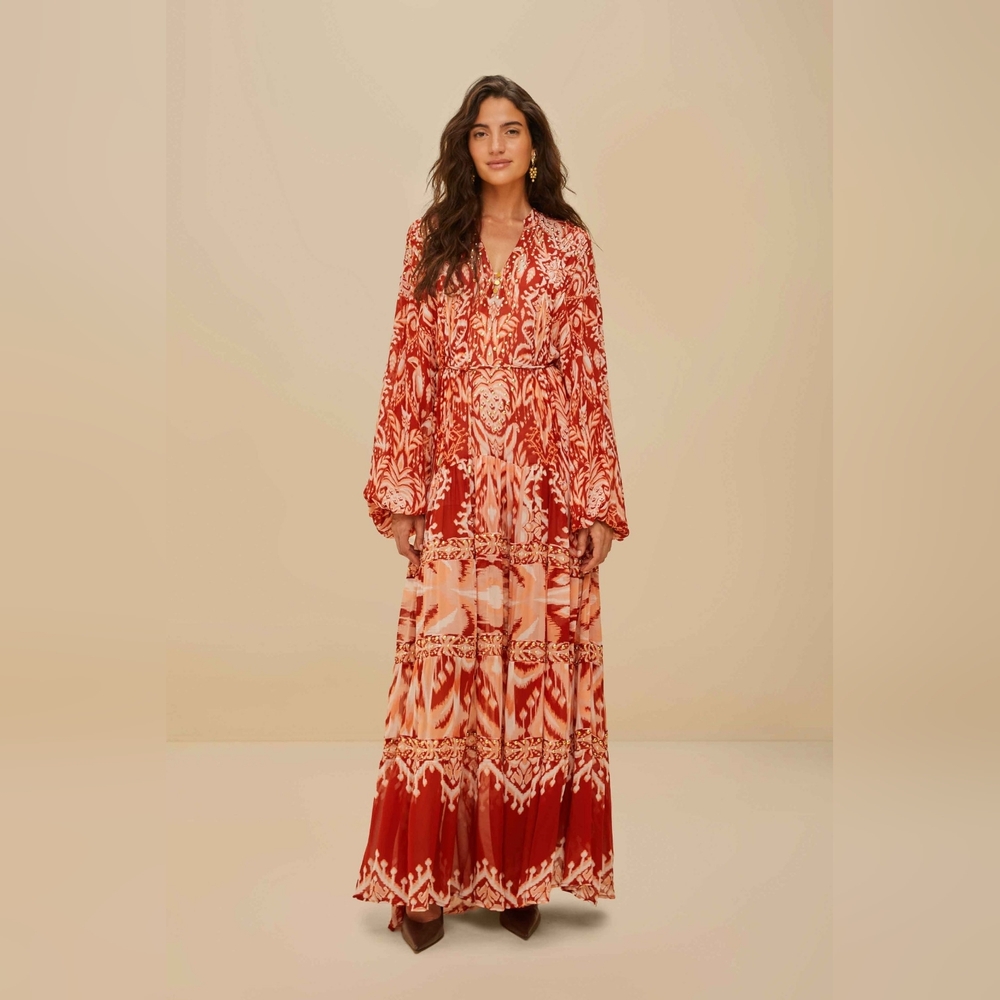 FARM RIO Tropical Tapestry Red Metal Embroidered Tiered Maxi Size XS